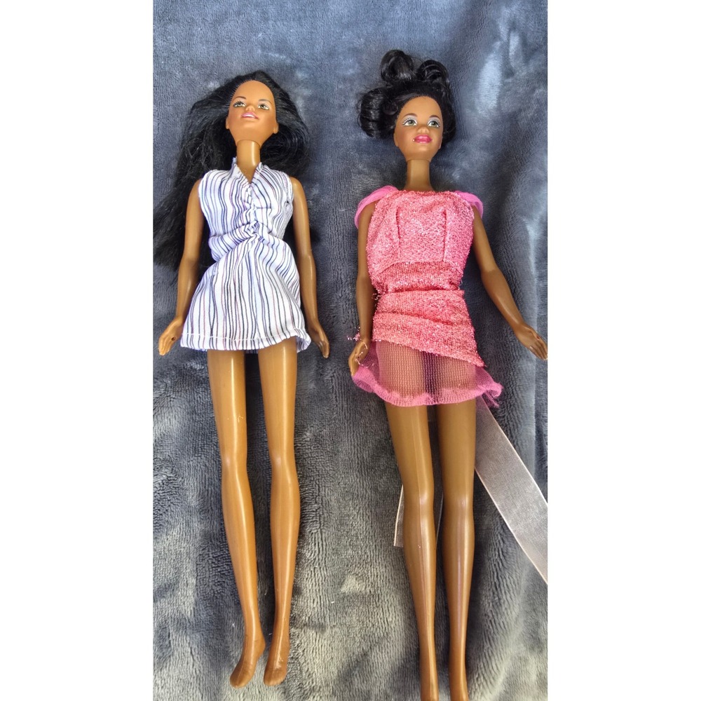 Vintage Mattel Christie Dolls Lot 1990 1995 Black Hair Pink Striped Dress 2pc